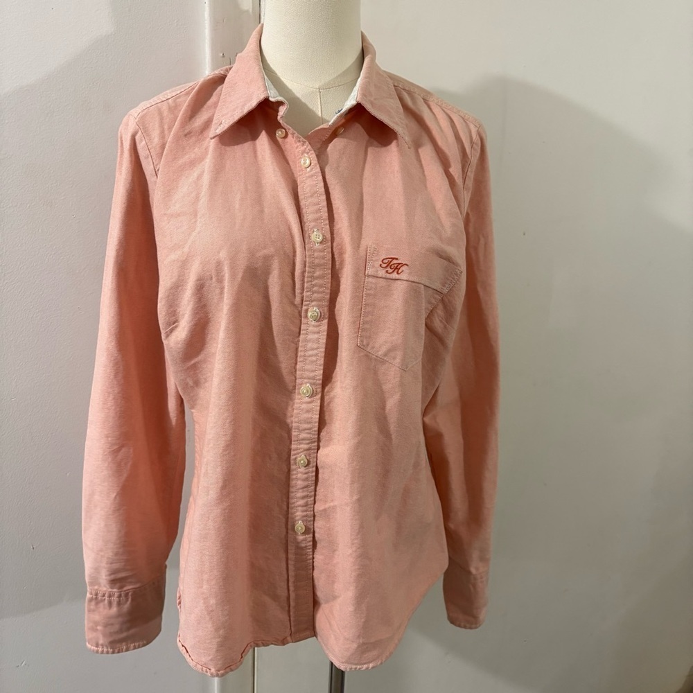 Tommy Hilfiger Monogram Flip Cuff Button Up Shirt‎ Womens Sz L Peach Preppy